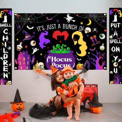 Avezano Halloween Decorations 3Pcs Hocus Pocus Door Banner Witches Door Cover Hocus Pocus Halloween Baby Shower Decorations Indoor Outdoor