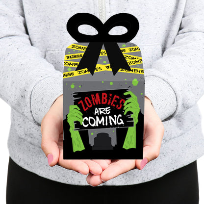 Big Dot of Happiness Zombie Zone - Square Favor Gift Boxes - Halloween or Birthday Zombie Crawl Party Bow Boxes - Set of 12