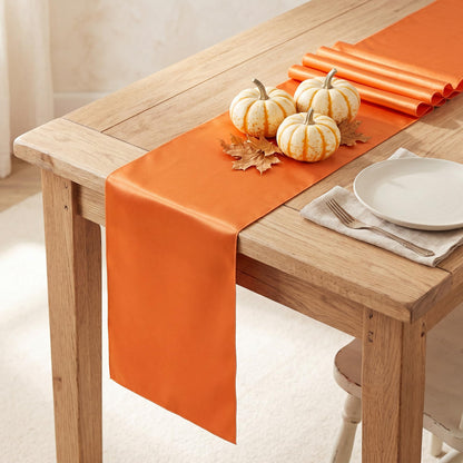 COSINIA 12 Pack Orange Satin Table Runner 12 x 108 Inch, Reusable Heavy-Duty Polyester Table Runner for Fall Harvest Festival, Halloween Party, Thanksgiving Dinner & Boho Decor
