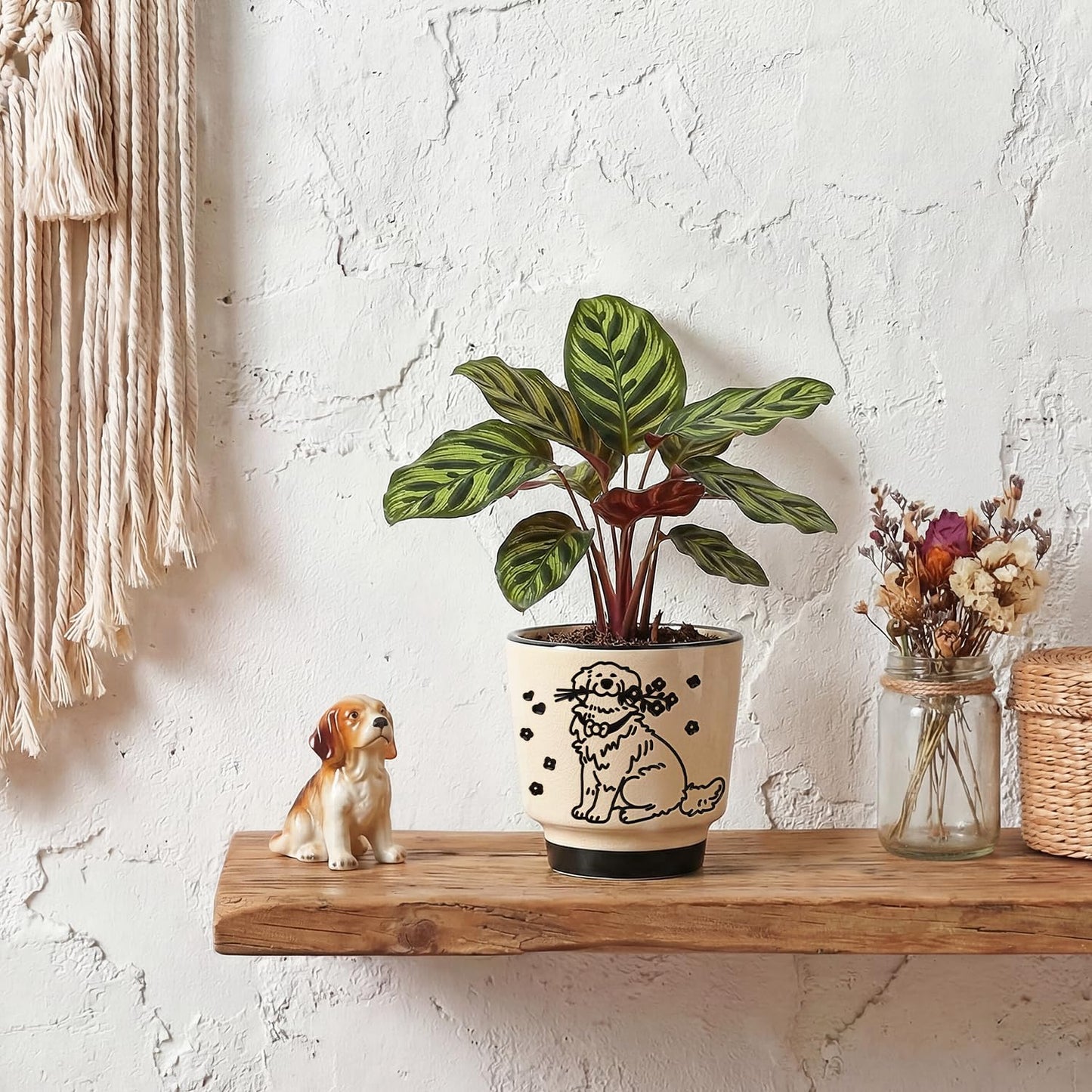 STHIE 5 inch Ceramic Plant Pot, Round Planters for Indoor Plants with Drainage Hole, Ice Crack Decorative Flower Pot, Cute Planters for Snake Plant (Flower Dog)