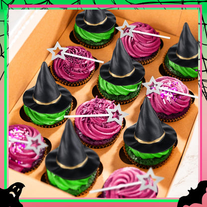 Funnymoom 30 Pcs Witch Party Supplies Witch Hat and Star Cupcake Topper Wizard Hat Princess Cake Decorations Halloween Cupcake Topper Sticks Dessert Cake Accessories for Birthday Party Supplies