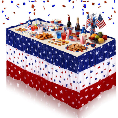 AnyDesign 3Pcs Independence Day Table Skirts 2.5 x 14.1 Ft 4th of July Plastic Table Skirts Patriotic Decorations American Star Stripe Disposable Skirting for 250th Anniversary Veterans Party Supplies