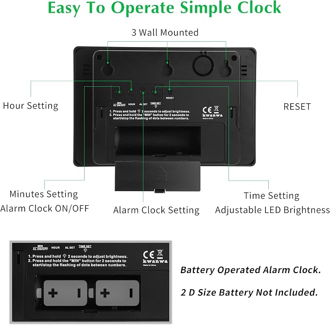 KWANWA Large Digital Alarm Clock, 3" LED Display Battery Operated, Dimmable Auto Night Mode, Easy to Read for Seniors Visually Impaired, Cordless Wall Clock or Table Clock for Bedroom Living Room