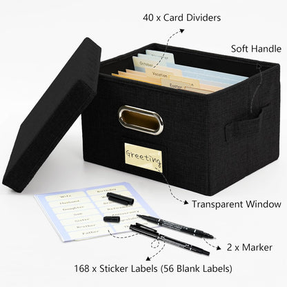 Greeting Card Organizer and Storage Box with 40 Pcs Adjustable Dividers, Storing Cards with 168 Pcs Labels Perfect for Storing Greeting Cards, Envelopes, Photos 2 Pack Black