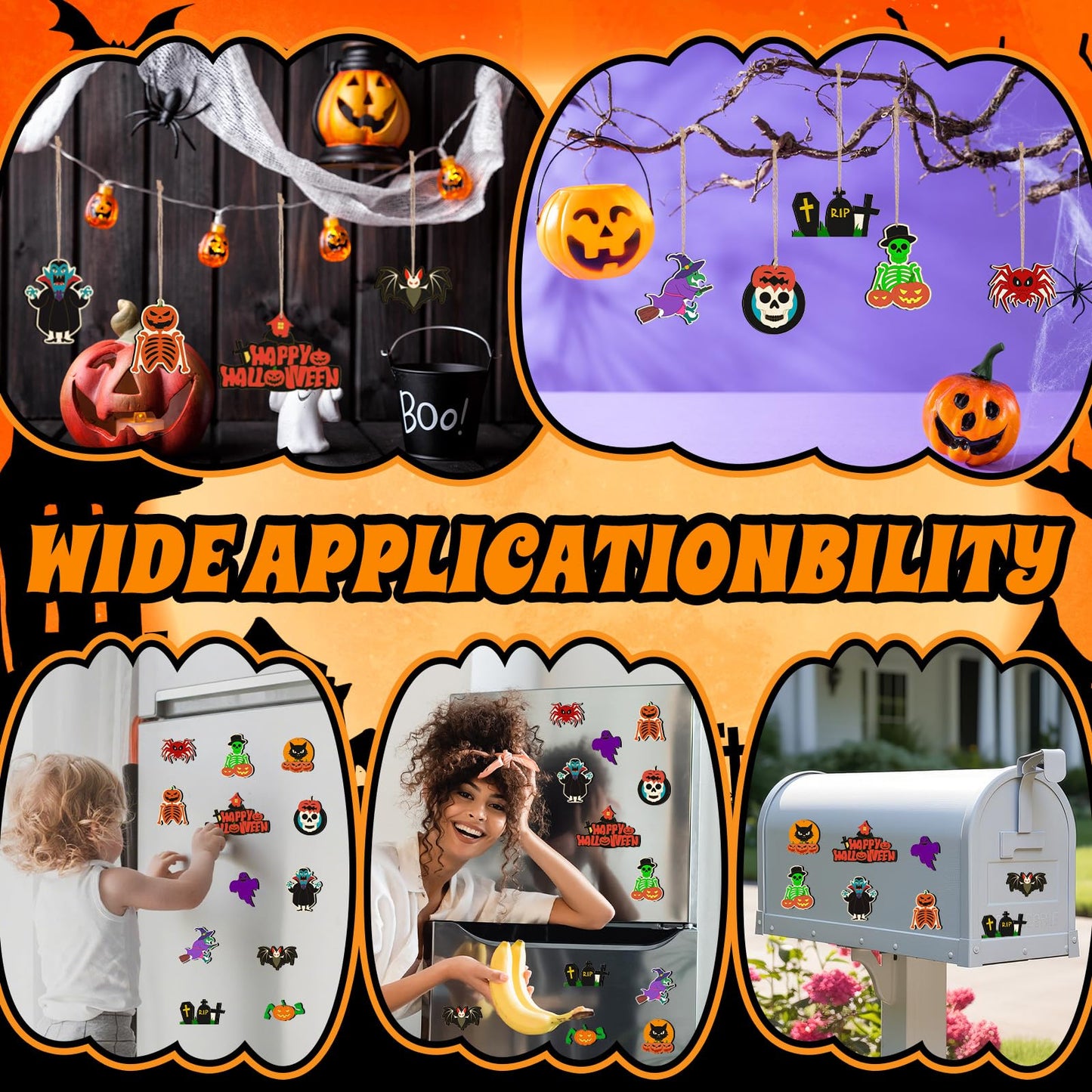 Jenaai 72 Pcs Halloween DIY Wooden Magnets Crafts Kit Refrigerator Decoration Halloween Painting Magnetic Stickers Pumpkins Bats Ghost Hanging Magnets for Garage Door Mailbox Decor