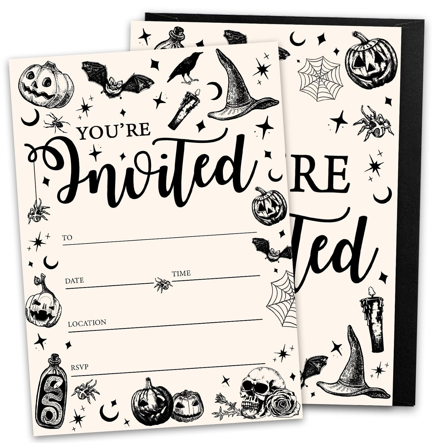 JarThenaAMCS 25 Sets Halloween Party Invitations with Envelopes Stickers Beige Black Pumpkin Skull Spider Invites for Halloween Celebration, 5 x 7 Inch