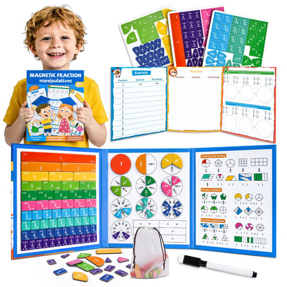 Magnetic Fraction Tiles & Circles Montessori Set for Elementary Kids - Hands-On Math Manipulatives with Activity Book - Learn Fractions, Decimals, Percentages