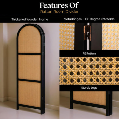 ELK & ELDER 3-Panel Room Divider | Folding Privacy Screen with Arched Dark Wood Frames and Light Woven Panels | Portable Divider for Home,Office, Living Room, Bedroom | 66" H x 56" W |Dark Wood/Beige