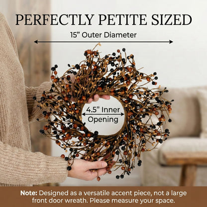 Quixem 15" Black & Tan Pip Berry Candle Ring (4.5" Inner), Primitive Rustic Artificial Mini Wreath for 3" Pillars, Farmhouse Kitchen Decor, Halloween & Everyday Centerpiece