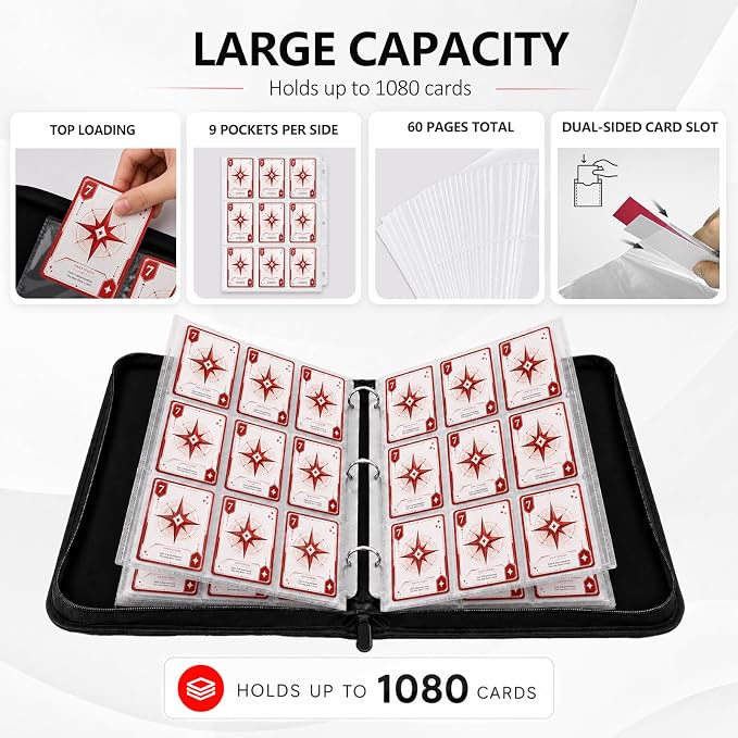 9 Pocket Trading Card Zip Binder - Holds 1080 Cards, 60 Pages Large-Capacity,Double-Sided Removable Sleeves, Suitable for Game Cards/Sports Cards Storage,Red White