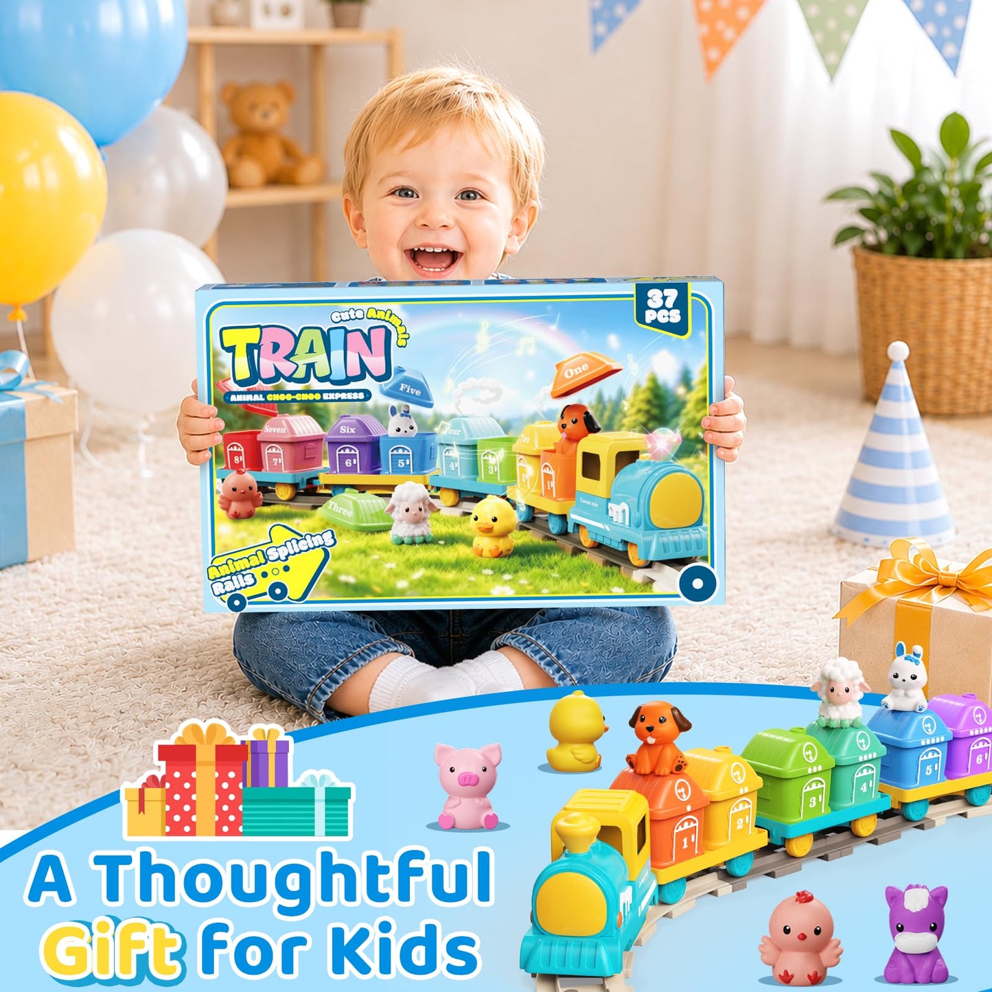 Cmiolacuna Train Set for Toddlers 2-4, Electric Toddler Train Set with Farm Animals, Music & Lights, Montessori Counting & Sorting Learning Toy, Birthday Easter for Boys Girls (Blue/Yellow)