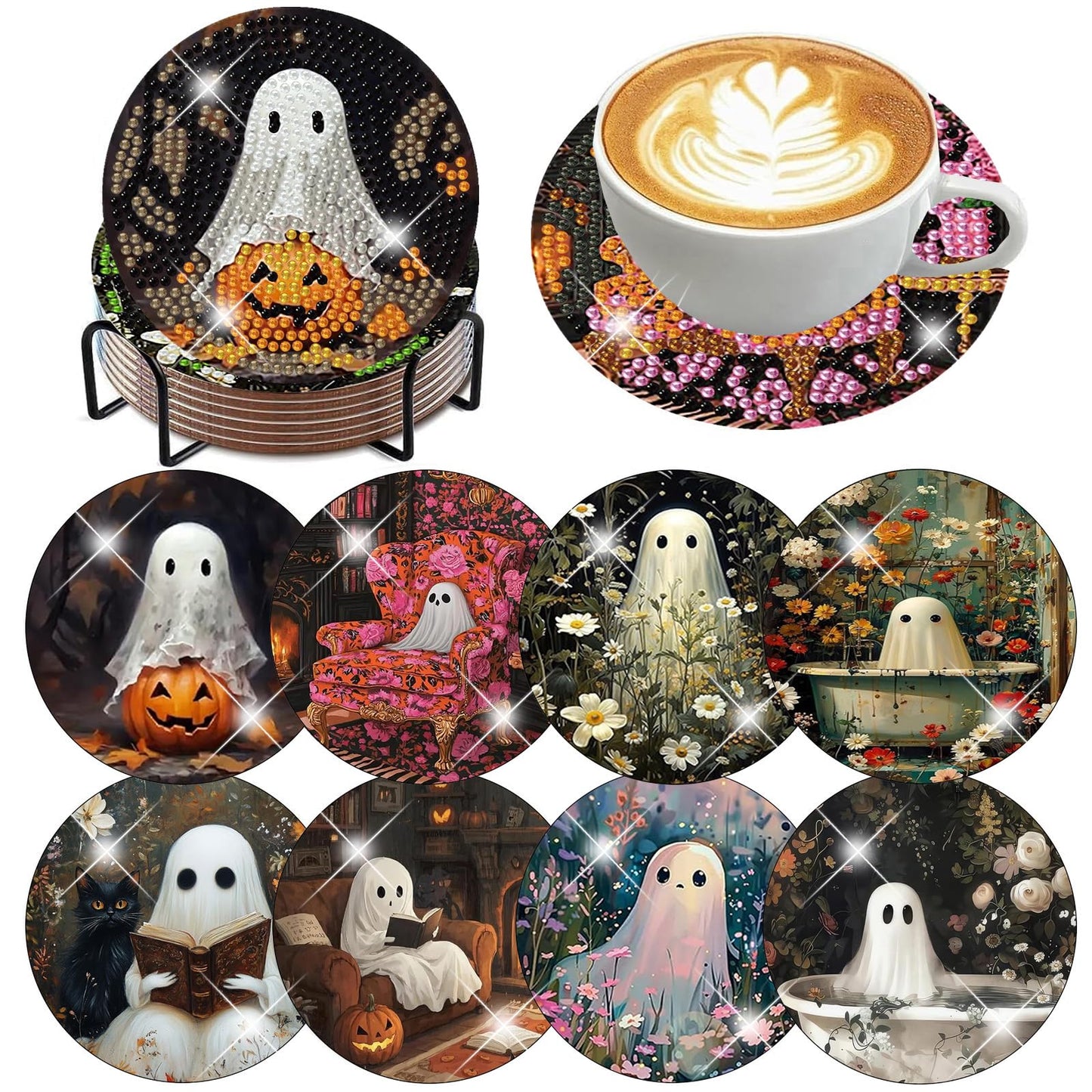 ijbnhd 8 Pack Halloween Diamond Art Coasters Kits, Halloween Diamond Painting Coasters Kit with Holder, DIY Ghost Diamonds Art Non Slip Coaster Crafts Kits for Adults Gifts 4x4 inch (Cork Wooden Pad)