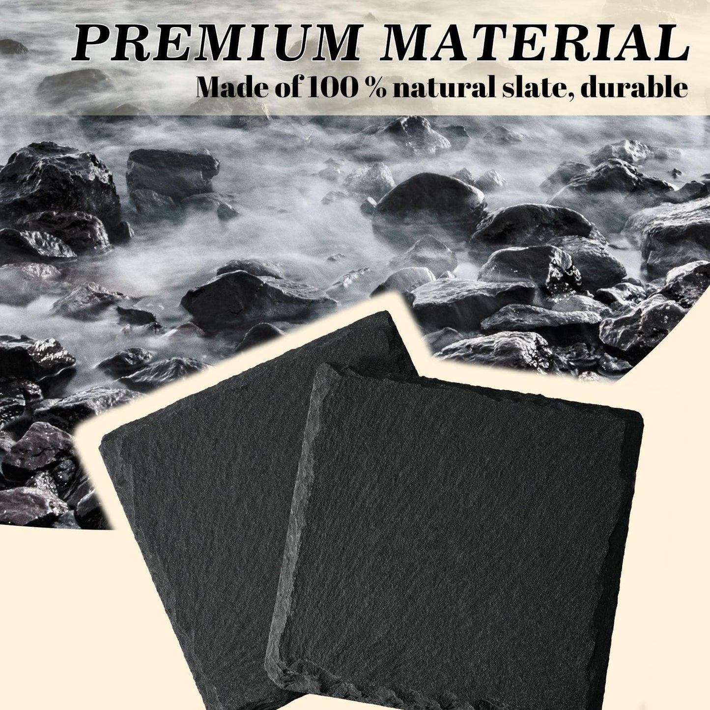 Slate Coasters Set 12, MAPRIAL 4 Inch Square Rustic Black Stone Coasters for Drinks with Anti-Scratch Backing for Halloween, Bar, Kitchen, Housewarming Gifts, Home Decor