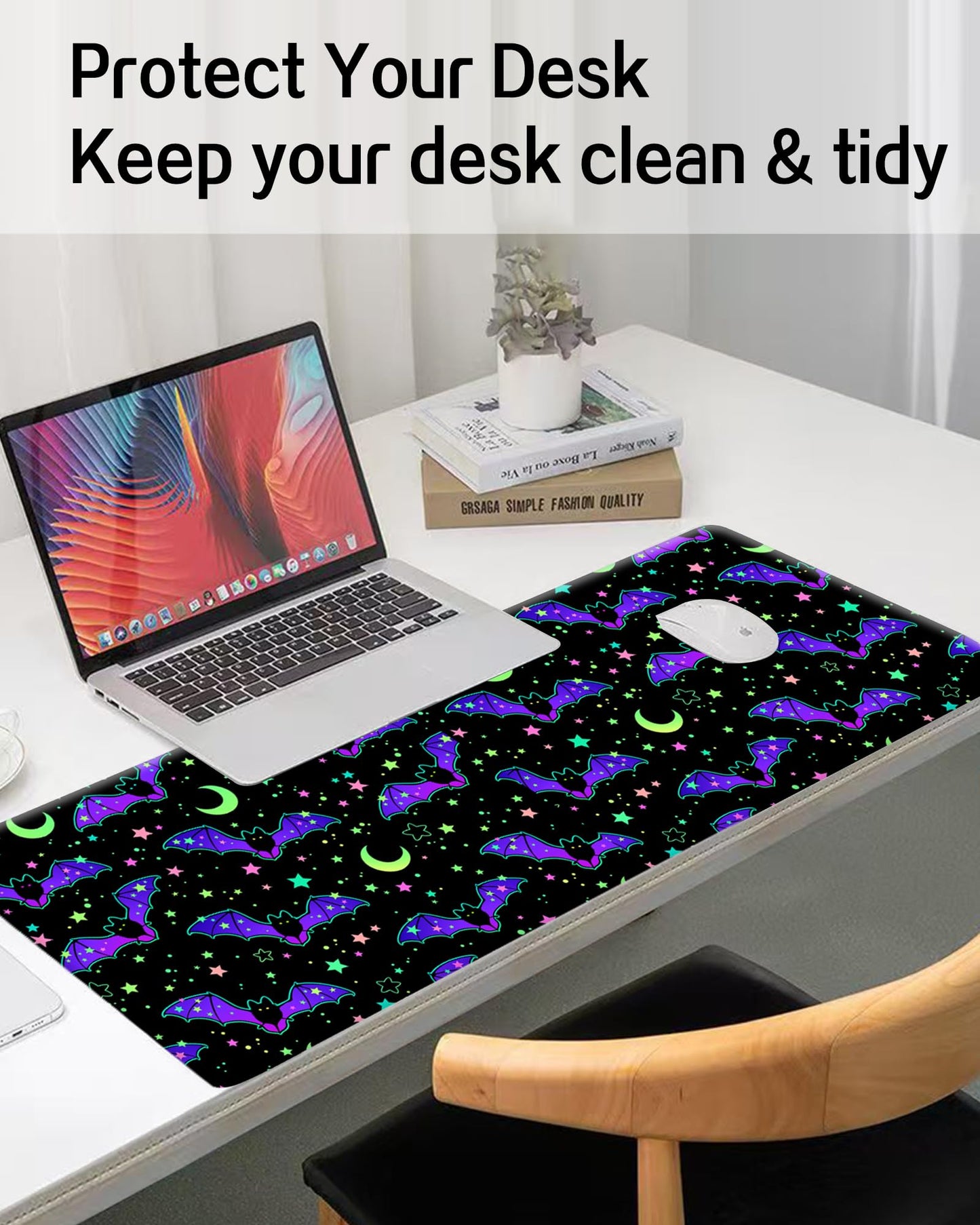 ALTEKO Large Gaming Mouse Pad, Computer Mouse Mat, Funny Desk Pad Protector Decoration, Big Cute Desk Pad, Non-Slip Base 31.5 x 11.8 in Cute Bats Stars