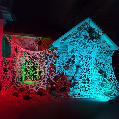 Runleo Giant Spider Webs Halloween Decorations Outdoor, Pre-Cut Super Stretchy Beef Netting DIY Spider Webbing with Stakes, Gauze Spiderwebs Cobwebs for Haunted House Yard Tree Party Indoor Decor