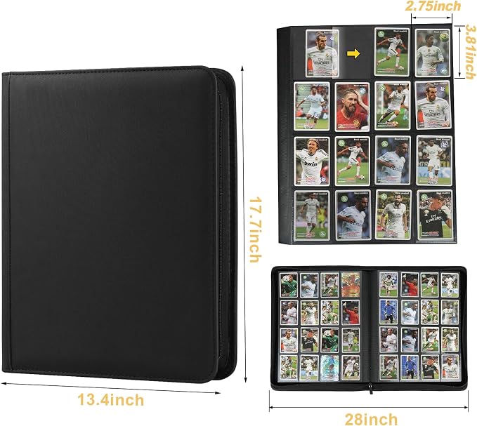 16 Pocket Ringless Side Loading Trading Card Binder, 1024 Cards PU Fixed Page Zipper Card Album for TCG Sports Game Cards, Not Fit Top Loaders (Black)
