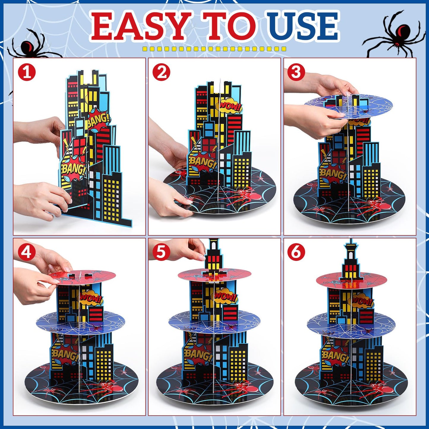 Widecook 3 Tier Spider Cupcake Stand Decoration Spider Party Cupcake Tower Party Supplies Table Decoration Cityscape Dessert Holder Table Display for Birthday Baby Shower Supplies