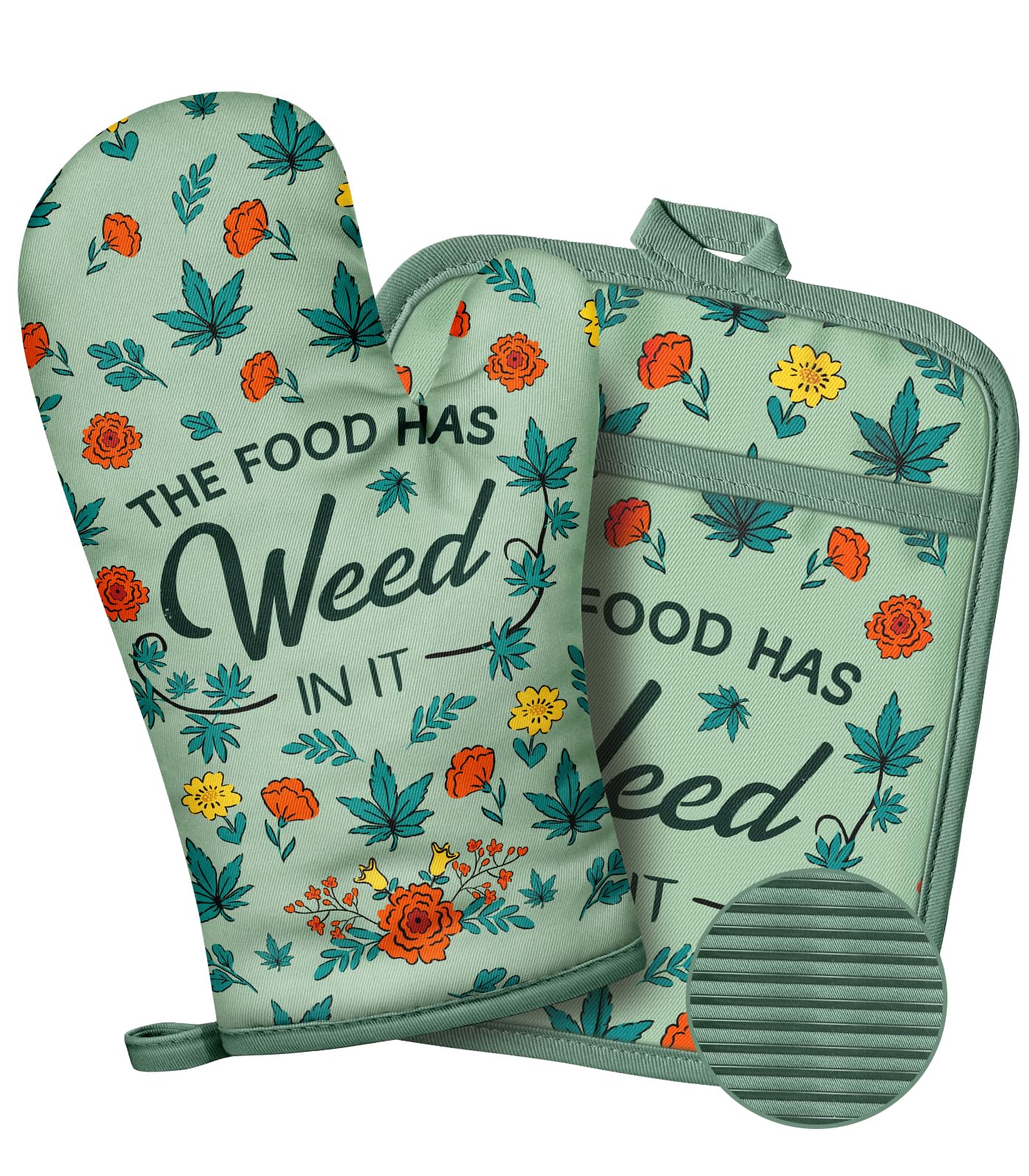 Slohif Funny Oven Mitts and Pot Holder for Women - Heat Resistant Leaf Cute Novelty Kitchen Oven Mittens 100% Cotton, Non-Slip Silicone Surface Pot Holder for Baking and Cooking Accessories