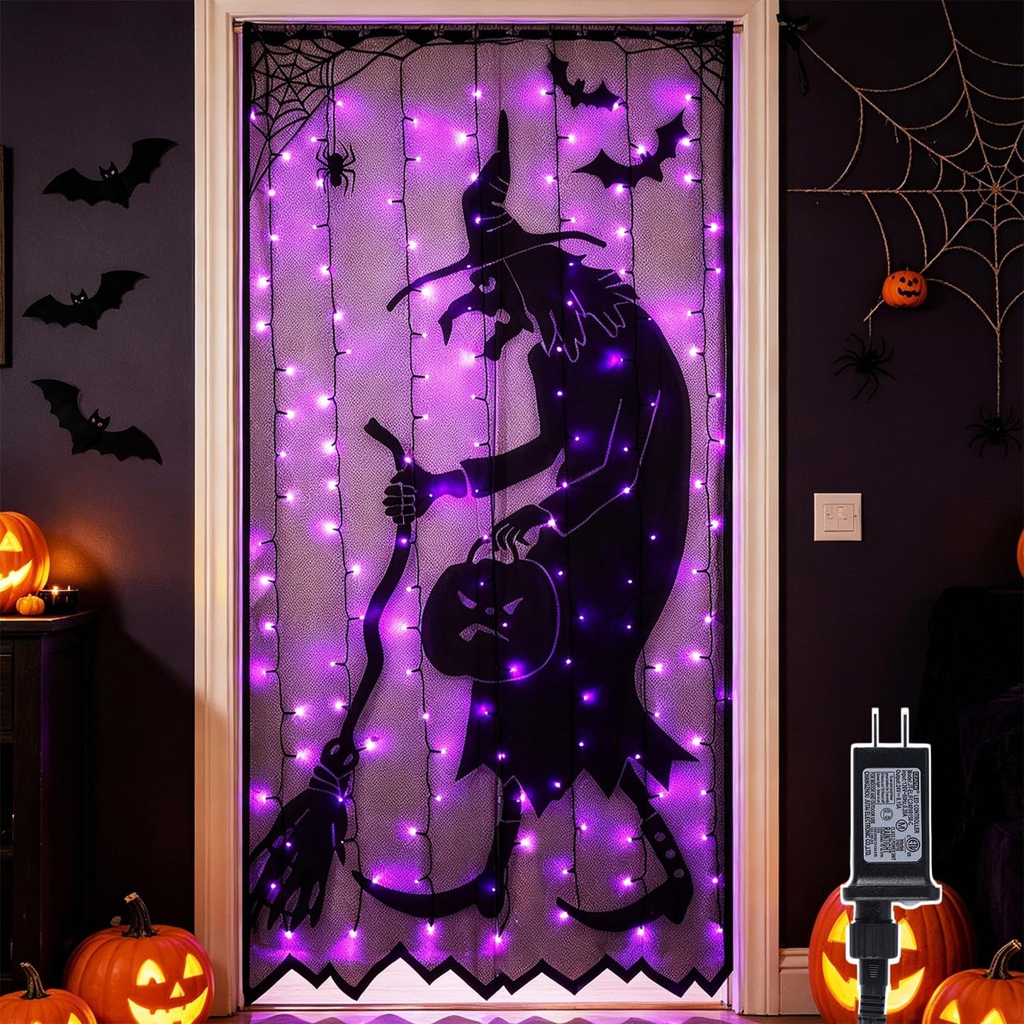 Watereem Lighted Halloween Decorations, 40 x 84 Inch 146 LED Purple Curtain Lights with Black Lace Witch Pattern, Scary Skeleton Window Door Drapes for Home Front Door Window Office Party Supplies