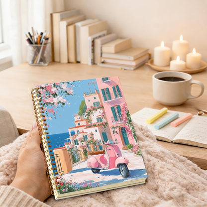 sdfkmlcdl Pink Amalfi Coast Beach Spiral Notebook, Italy Mediterranean Coastal Journal for Women, Traveler Gifts, Romantic Italian Summer Landscape Hardcover Journal, 5.5x8.3