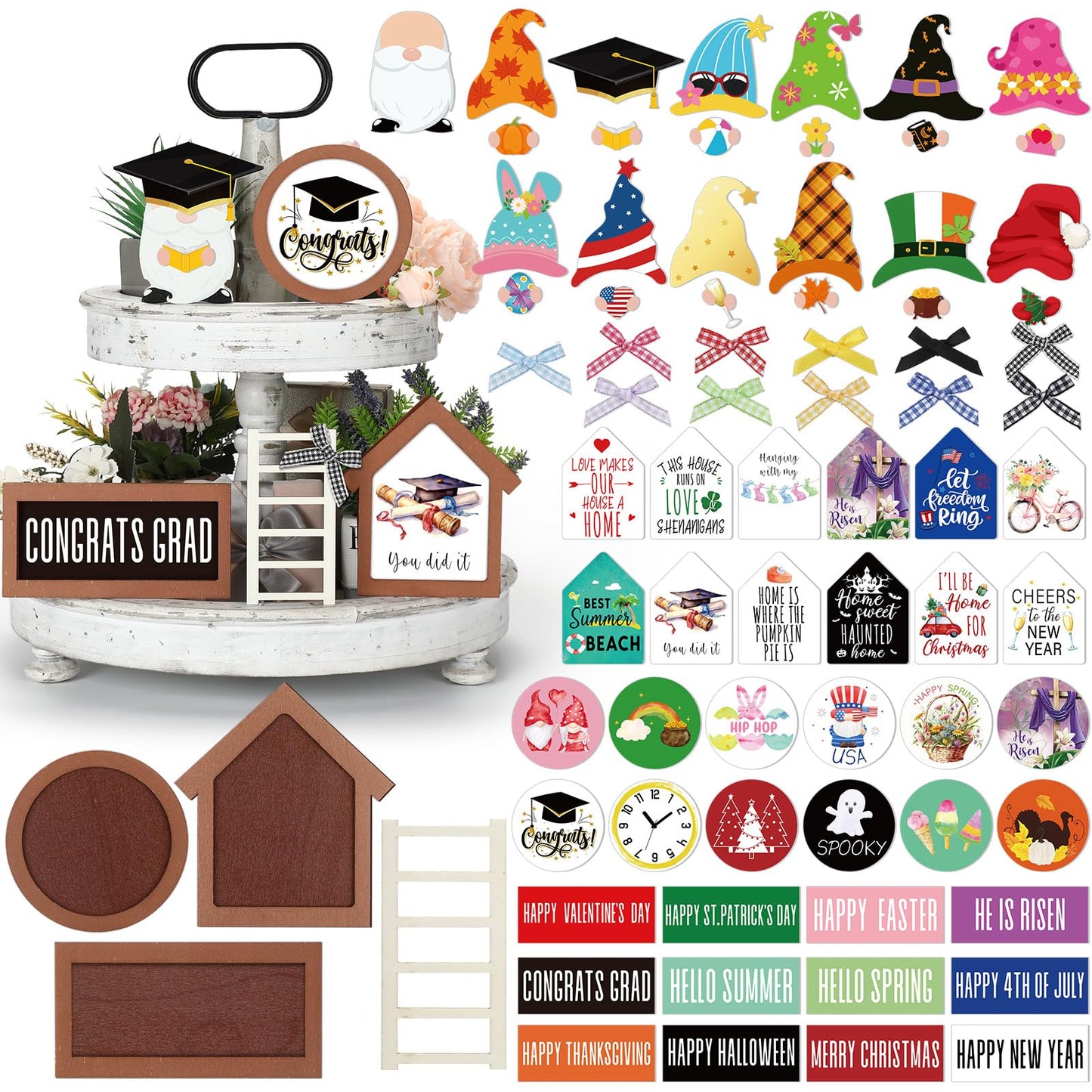 Lineshading 65 Pcs Interchangeable Seasonal Tiered Tray Decor Set Patriotic Farmhouse Summer Tiered Decorations Holiday Rustic Wooden Frames Arch Ladders Cards Bow Knot for Home Kitchen Table Decor