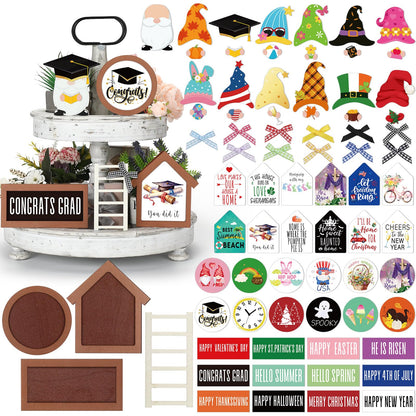 Lineshading 65 Pcs Interchangeable Seasonal Tiered Tray Decor Set Patriotic Farmhouse Summer Tiered Decorations Holiday Rustic Wooden Frames Arch Ladders Cards Bow Knot for Home Kitchen Table Decor