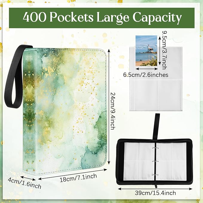 Card Binder 4/9 Pocket PU Waterproof Trading Binder Compatible with Mtg/ygo/tcg for 400/900 Portable Album Holder with Zipper Wristband Card Organizer(Green Marble,9.8 x 7.7 x 2 Inch)