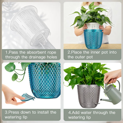 QCQHDU 2 Pack Self Watering Pots, 7.2 Inch Flower Pots with Drainage Holes and Water Filling Port, Plastic Garden Planter for Indoor Outdoor Plants (Clear)