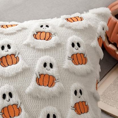 MIULEE Halloween Pillow Covers Decorative Fall Cute Ghost Plush Faux Fur Pillows 18x18 Inch Set of 2 Soft Pumpkin Accents for Sofa Couch Bed Living Room Festive Home Decor, White Bright Orange