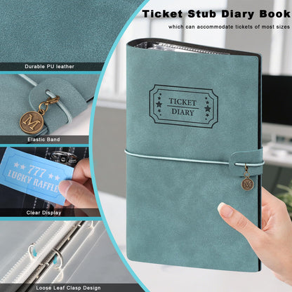 Blue PU Leather Ticket Stub Diary 3 Hole Ticket Stub Holder Album 6 x 9 Inch Ticket Stub Organizer with 40 PVC Pockets 42 DIY Stickies 26 Letter Charms for Collect Movie Concert Tickets Receipts