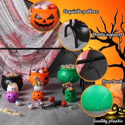 Capoda 12 Pcs Halloween Cauldrons Serving Bowl Decor Set Include 3 Plastic Witch Cauldrons Rack and 6 Mini Halloween Candy Bucket Punch Bowls and 3 Skeletons for Home Decor Witch Party Supplies