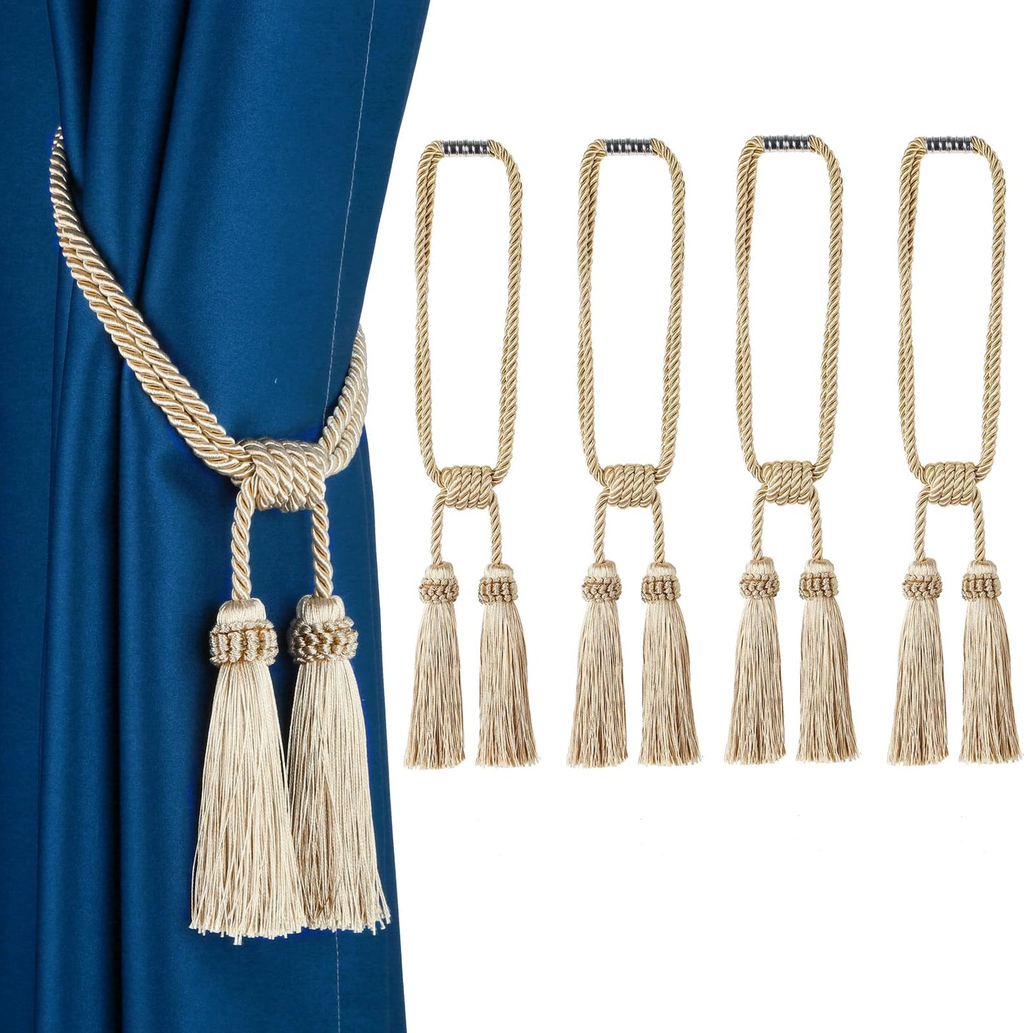 Fenghuangwu Magnetic Curtain Tiebacks 4Pack Tassel Curtain Tieback Modern Handmade Tie Backs,Decorative Tassel Holdback for Draperies,Window Decor(Beige)