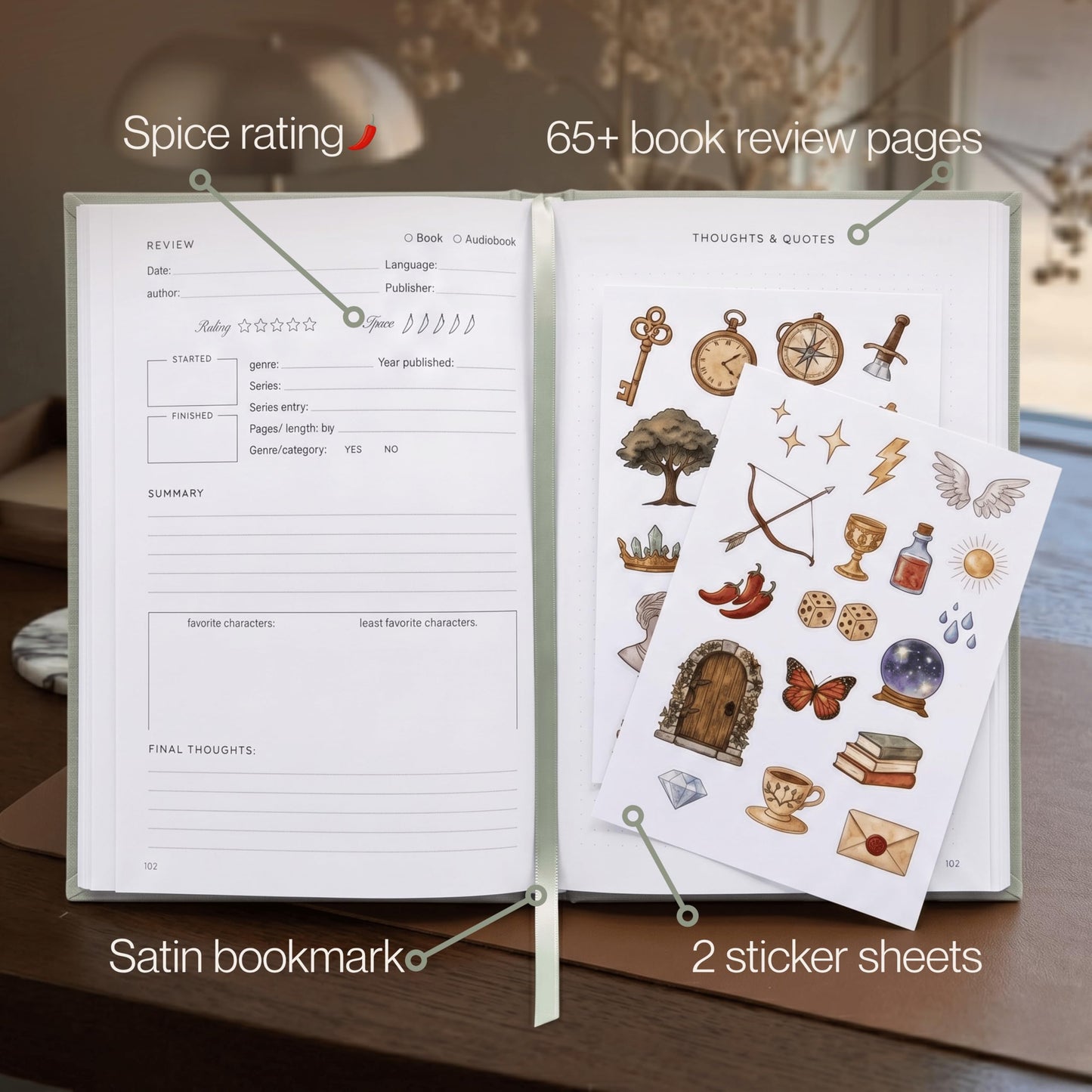 Reading Journal for Book Lovers – Linen Hardcover Book Journal with Slipcase, Reading Log & Review Pages (67 Books), Fantasy Aesthetic Cover, Sticker Sheets Included, Book Tracker Gift for Readers (Sage Green)
