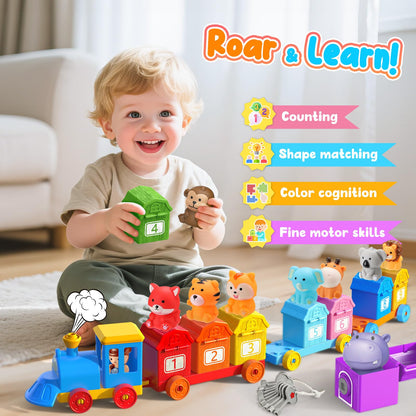 Animal Montessori Learning Toys for 2 3 4 5 Year Old Kids, Toddler Animals Train Locks & Keys Matching Toys Counting & Sorting Trains Set, Preschool Toy Boys Girls Christmas Birthday Gifts Age 2-4 3-5