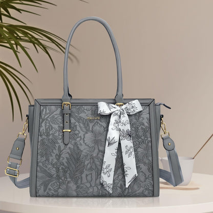 MOSISO Laptop Bag for Women, 17-17.3 inch PU Leather Tote Bag Compatible with MacBook, HP, Dell, Asus Notebook, Front Embossed Retro Hibiscus Computer Bags with Silk Scarf&Clutch Purse, Gray