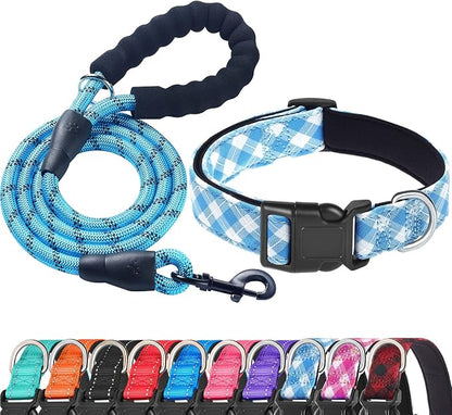 Ladoogo Reflective Dog Collar Padded with Soft Neoprene Breathable Adjustable Nylon Dog Collars for Small Medium Large Dogs (Small (Pack of 1), Vivid Blue Plaid Collar+Leash)