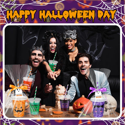 Jingmore 24 Sets 12 oz Halloween Gifts Cups Set Halloween Goodie Candy Bags with Card Ribbon and OPP Bags Disposable Plastic Clear Cups with Lids and Paper Straws for Treat Party Favor Supplies