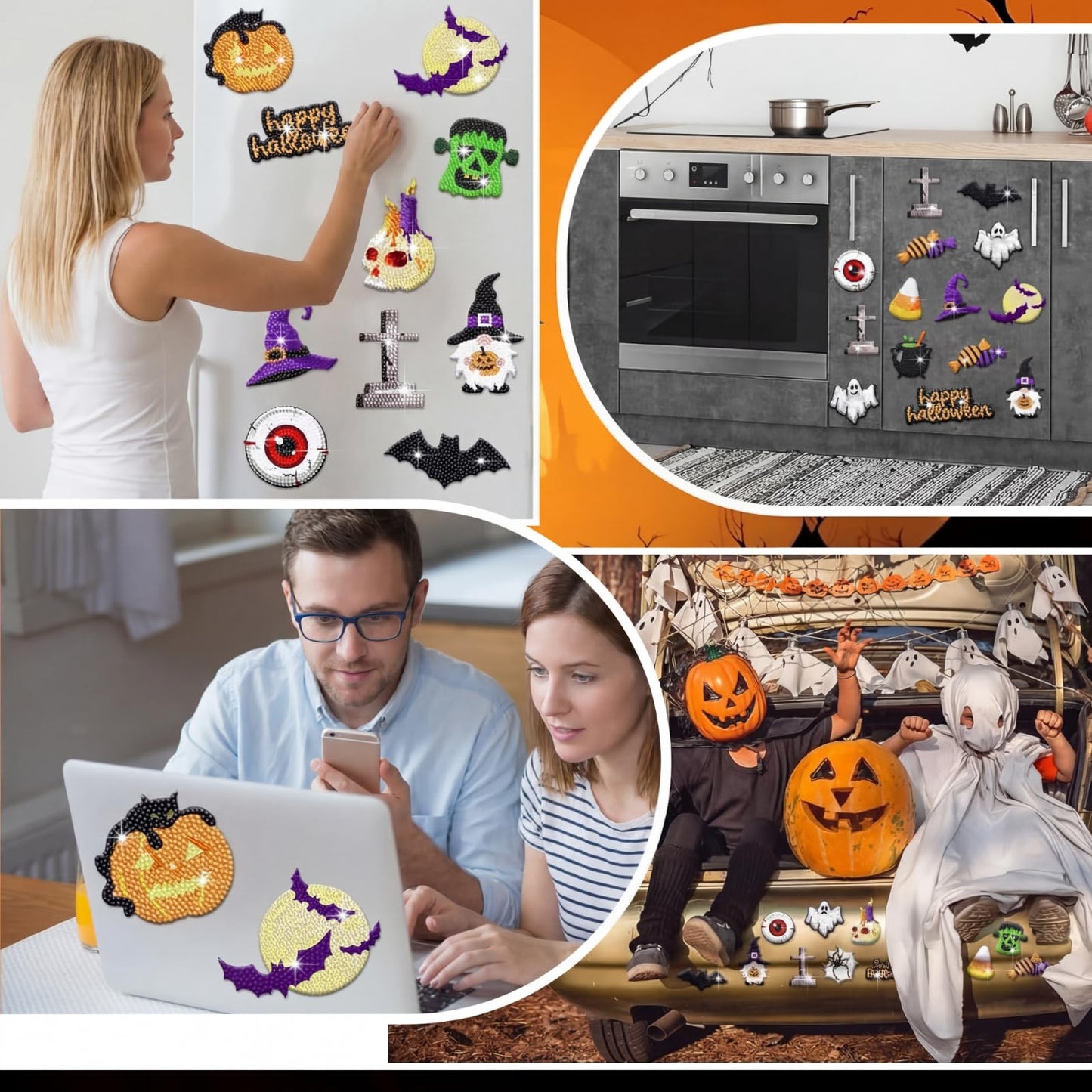Umigy 16 Pcs Summer Halloween Diamond Art Magnets for Refrigerator Gnome Ghost Bat Cat Diamond Painting DIY Halloween Gems Art Kits for Adults Crafts Home Decor Gift