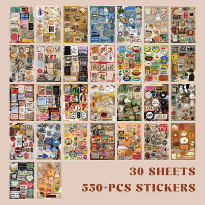PRSTINCOL Vintage Sticker Book with 30 Pages of Ephemera Stickers, Aesthetic Junk Journaling Supplies for Scrapbooking Adults, 8.3 by 5.5 Inches, Over 550 Pieces