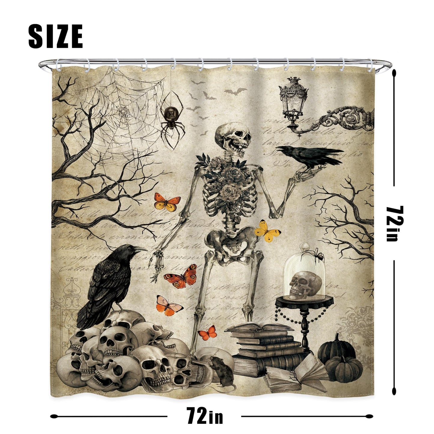 LGhtyro Skull Gothic Shower Curtain Sets，Spooky Scary Skeleton Spider 4PC with Rugs, Toilet Lid Cover and Bath Mat, Goth Halloween Bath Accessories Art Home Decor Fabric 12 Pack Hooks 71Wx71H Inches