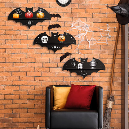 Geetery 3 Pcs Bat Floating Wall Shelf Black Gothic Wall Shelves Decor 15.74 Inch with Hooks for Halloween Party Living Room Bedroom Kitchen Bathroom