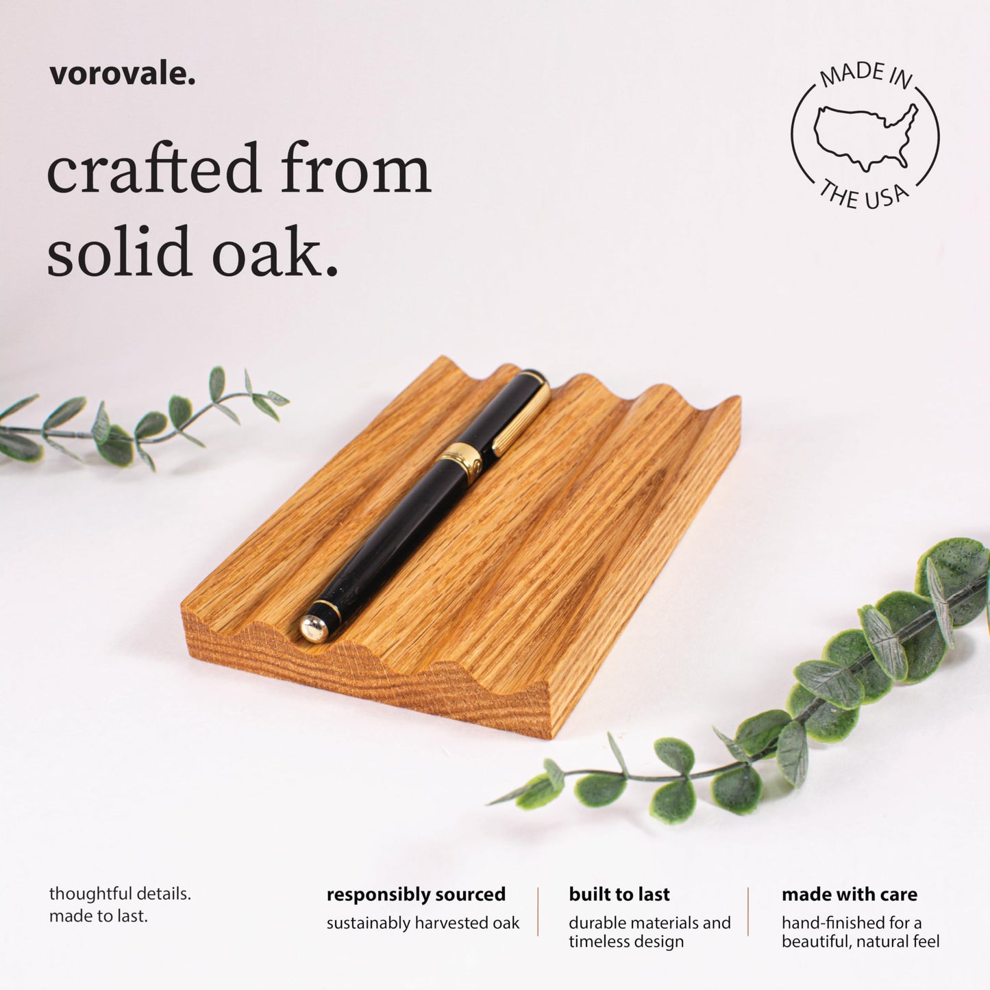 Vorovale Solid Oak Pen Tray, Minimalist Desk Organizer, Natural Wood Pen Holder with Rounded Wavy Channel, Handcrafted Office Accessory