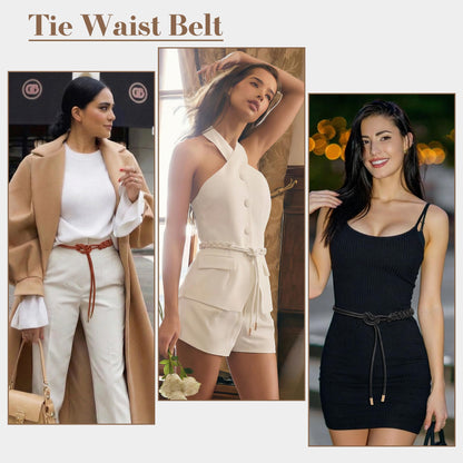 CHIC DIARY Women Braided PU Leather Rope Belt Adjustable Thin Waist Belt Boho Waist Wrap for Dresses