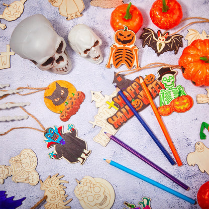 Jenaai 72 Pcs Halloween DIY Wooden Magnets Crafts Kit Refrigerator Decoration Halloween Painting Magnetic Stickers Pumpkins Bats Ghost Hanging Magnets for Garage Door Mailbox Decor
