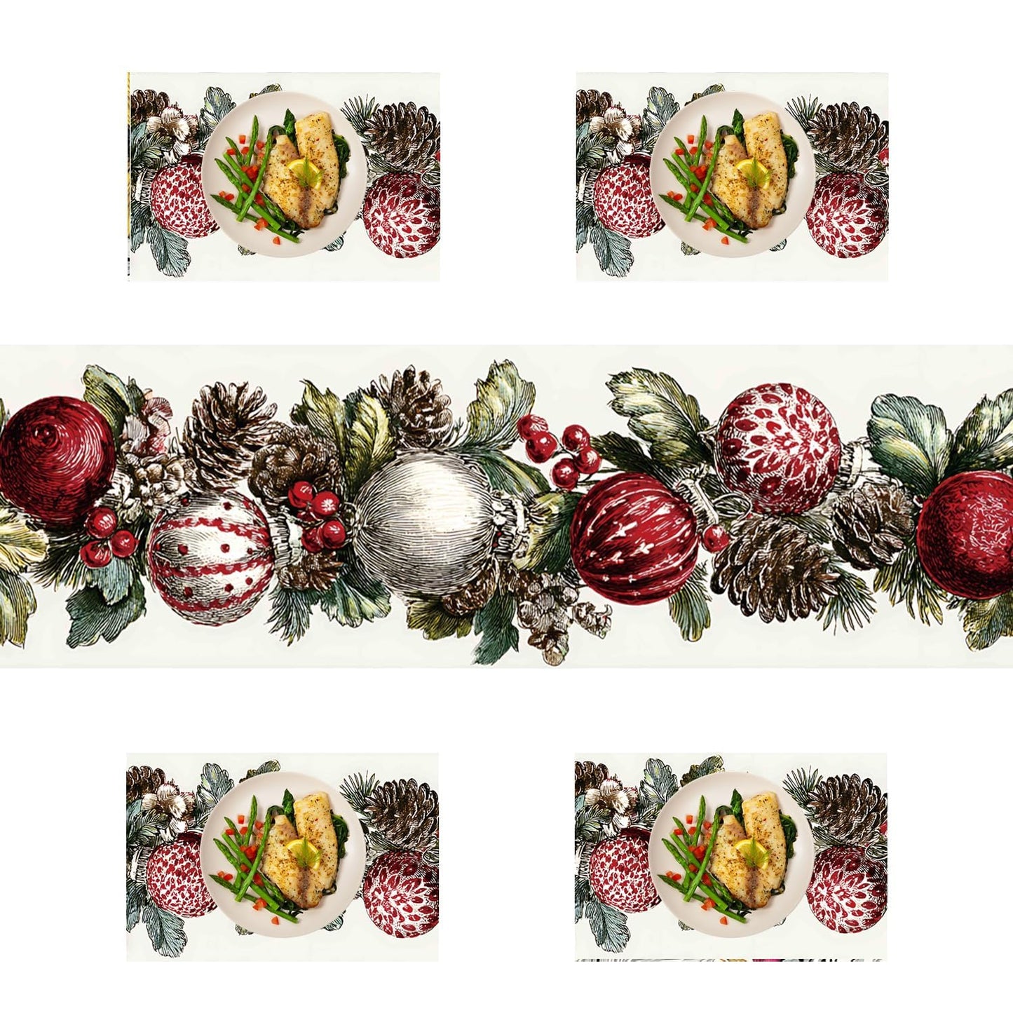 Elegant Christmas Table Runner and Placemats Set – 1 Runner & 4 Placemats – Festive Wreath Design with Red & White Baubles, Pinecones & Berries –Holiday Table Decor for Winter Dining & Christmas Party