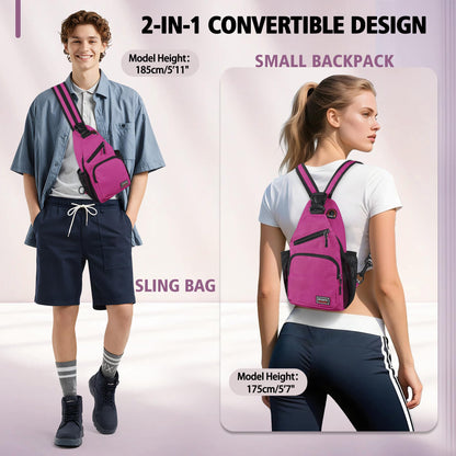 Geestock Convertible Sling Bag for Women Men, 12.6" Crossbody Sling Backpack with Headphone Hole Fit 7.9" Tablet, Lightweight Chest Bag Daypack Crossbody for Travel Sport Hiking & Commute,Purplishred