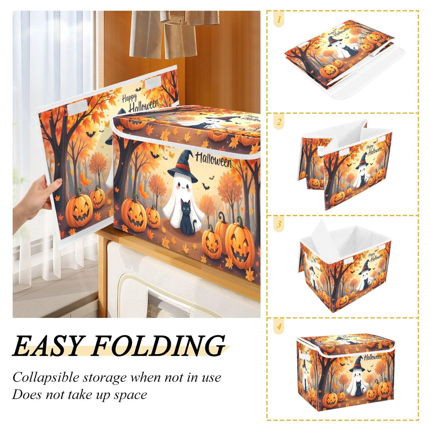 Bolaz Storage Bins with Lids and Handles,Maple Leaves Ghost Pumpkin Storage Box Basket with Cover Collapsible Organizer Containers for Home Closet, Shelves