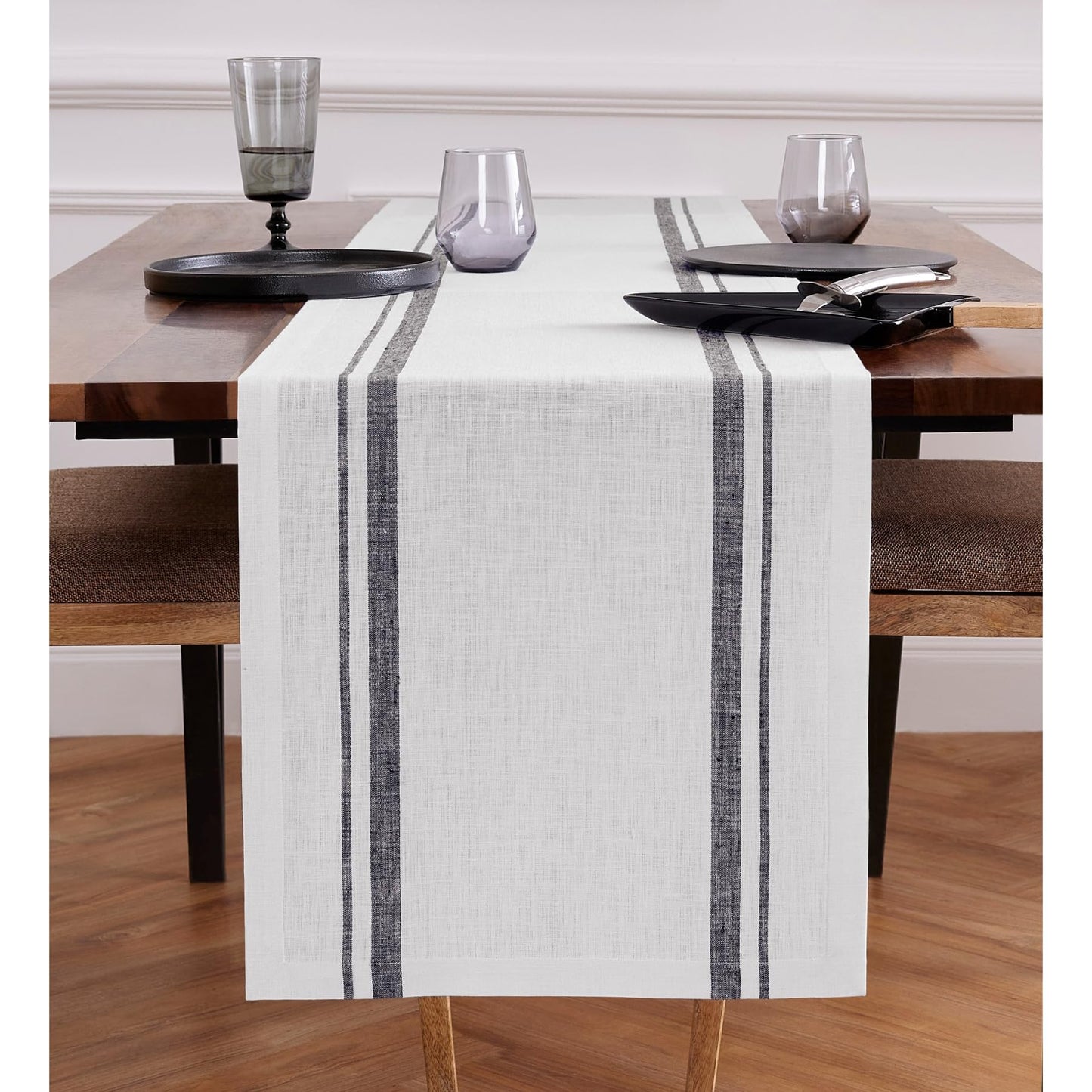 Solino Home Linen Table Runner 72 Inches Long - 100% Pure Linen Black and White French Stripe Table Runner 16 x 72 Inch for Dining, Dresser, Summer