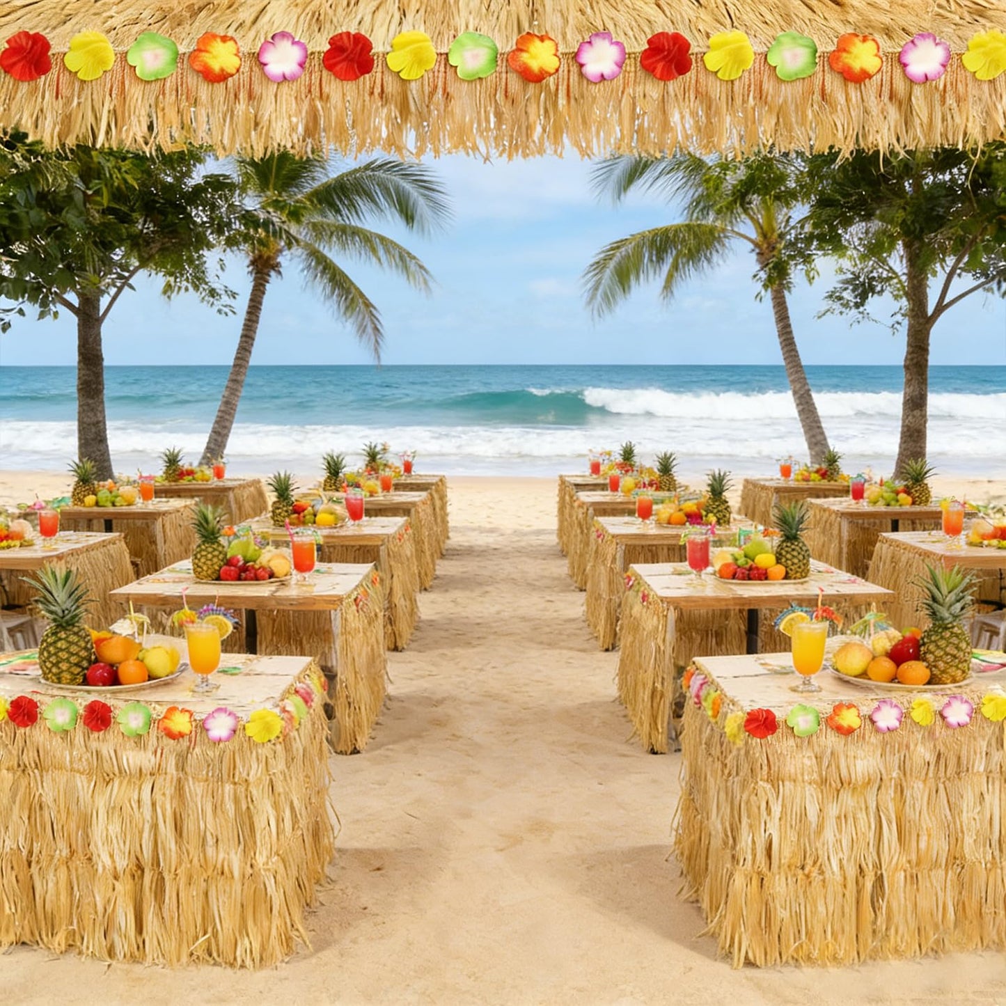 2 Pack Hawaiian Grass Table Skirt 108" x 29.5", Laua Party Decorations Grass Skirt for Table with Flowers, Hawaiian Party Decor for Luau Birthday Beach Tropical Summer Party Supplies