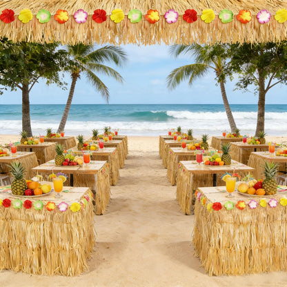 2 Pack Hawaiian Grass Table Skirt 108" x 29.5", Laua Party Decorations Grass Skirt for Table with Flowers, Hawaiian Party Decor for Luau Birthday Beach Tropical Summer Party Supplies